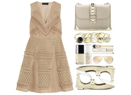 matching beige dress and accessories