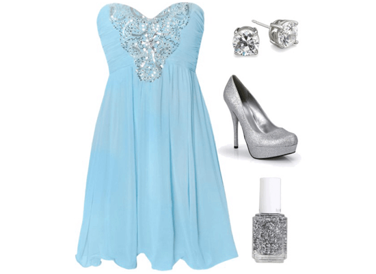 blue and silver dress and accessories