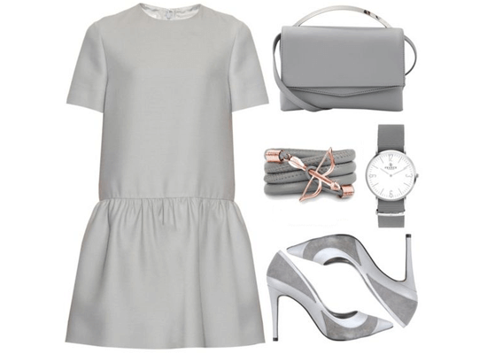 matching gray dress and accessories