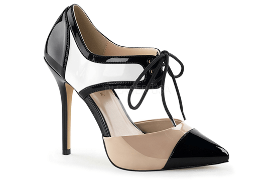 beige and black heeled shoe