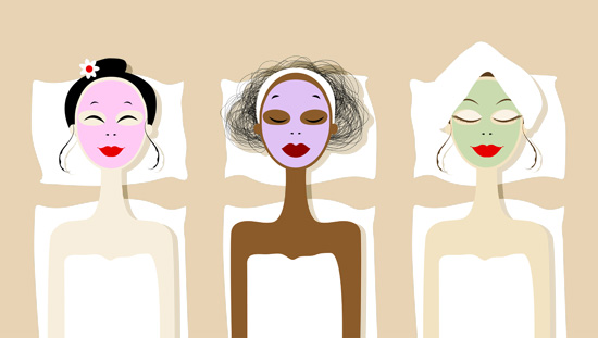 cartoon girls with face masks in spa
