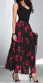 long black dress with red floral skirt