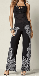 black pants with silver print pattern