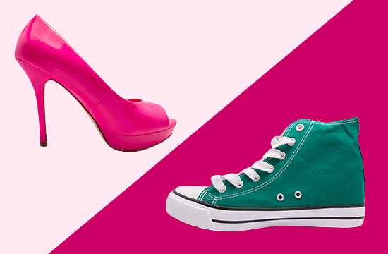 pink heels and green sneakers